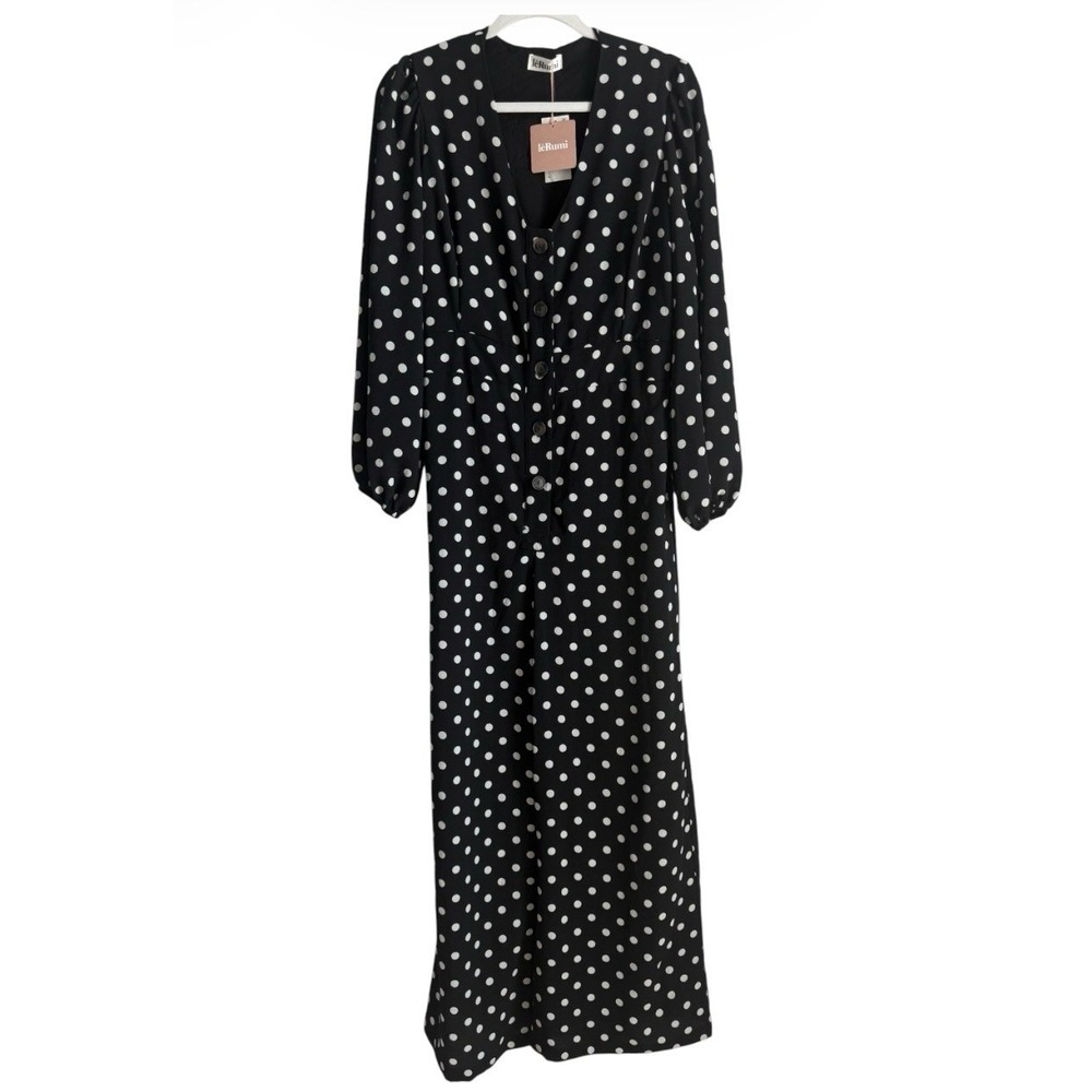 leRumi Black White Polka Dot Jumpsuit Wide Leg Button Front Puff Sleeve Sz L NEW